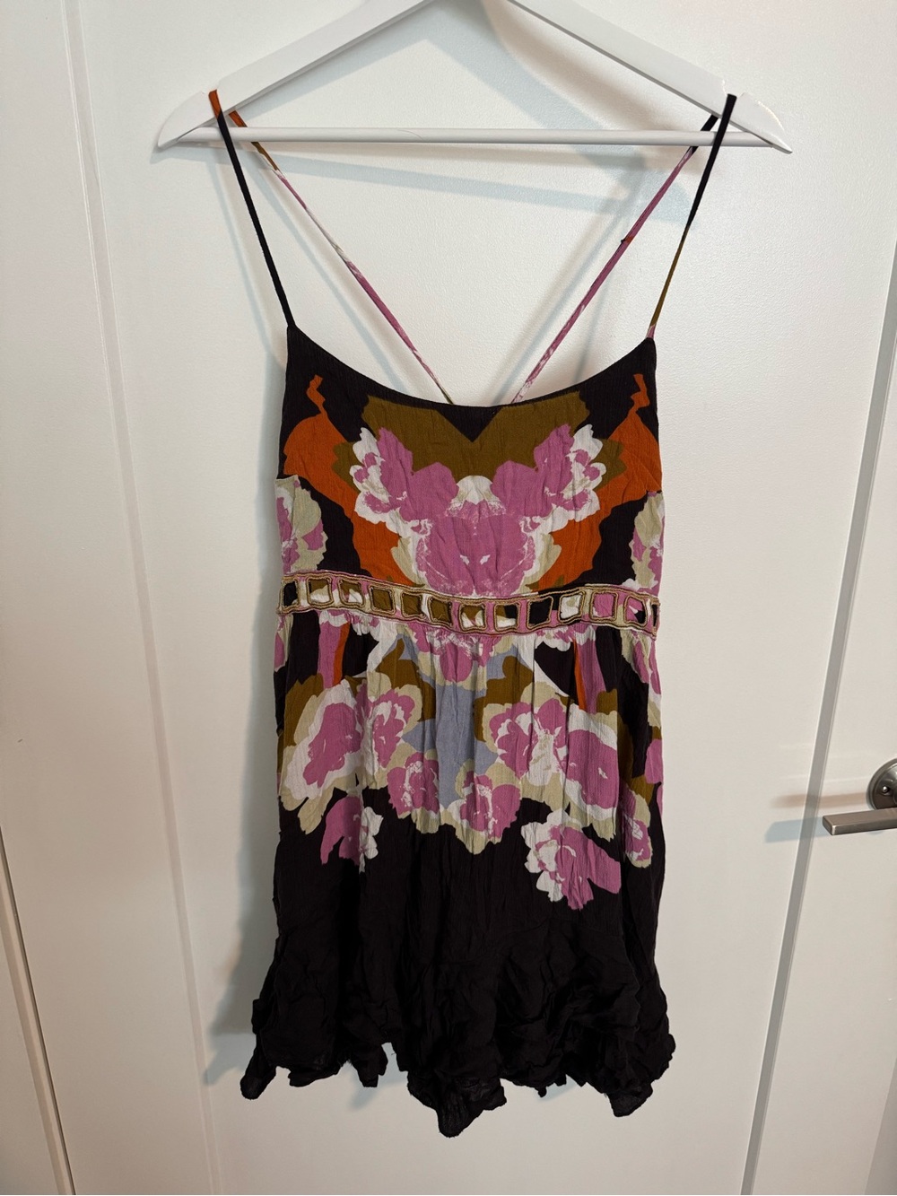 Free People Black Floral Slip Dress with Pink and Olive Accents